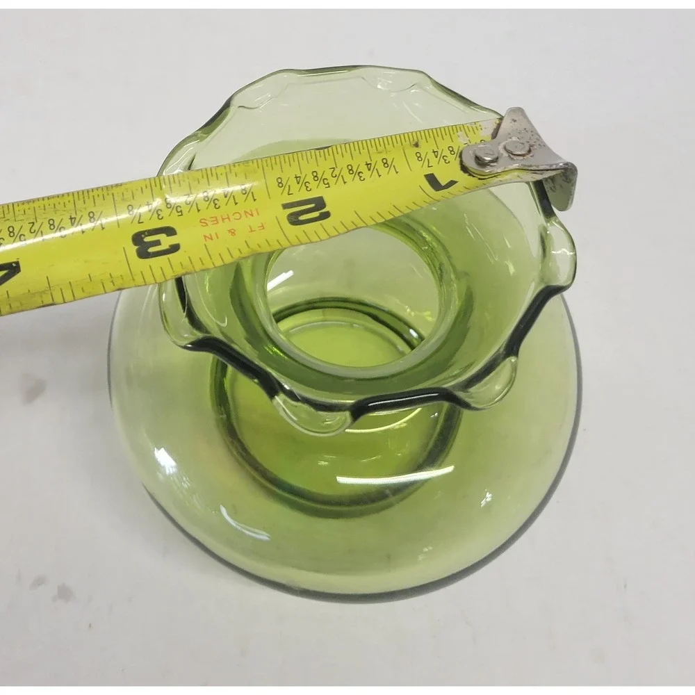Vintage Green Glass Bud Vase‎ Ruffled Rim Squat Bulbous Mid Century Modern 4.5